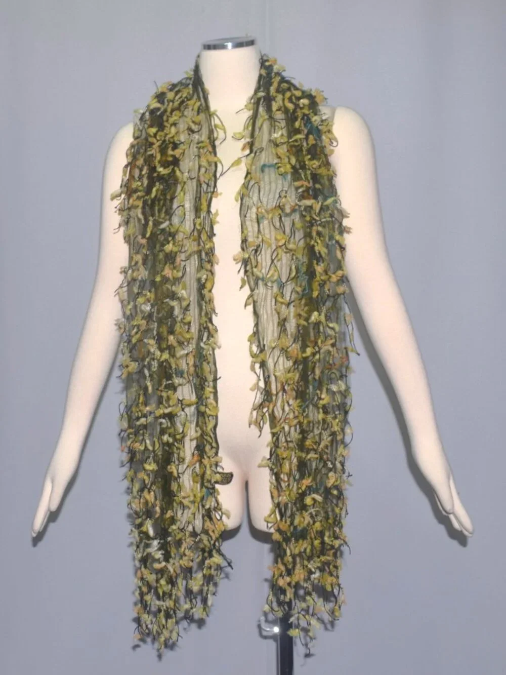 Vintage Fleurs Fiber Wearable Art Rectangle Sheer Web Scarf Fringe Pieces Silk